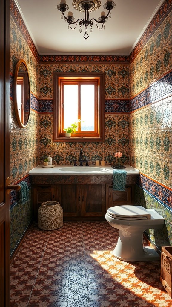 A beautifully decorated bathroom featuring Moroccan-inspired Zellige tiles with colorful patterns.