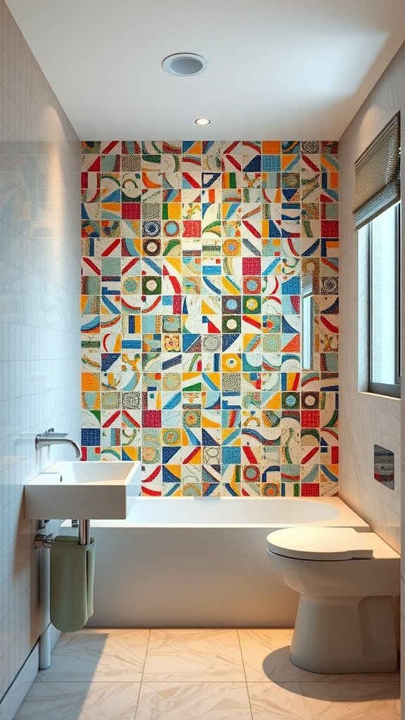 A vibrant mosaic accent wall in a modern bathroom, showcasing colorful geometric patterns.