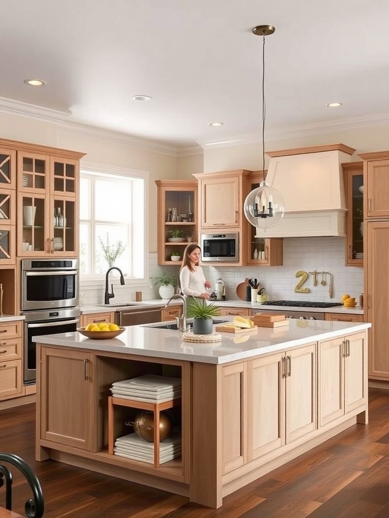 A bright kitchen with a multi-functional island, featuring storage and a workspace.