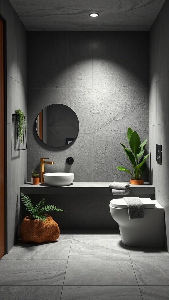 A modern grey bathroom featuring stone tiles, a round mirror, and green plants.