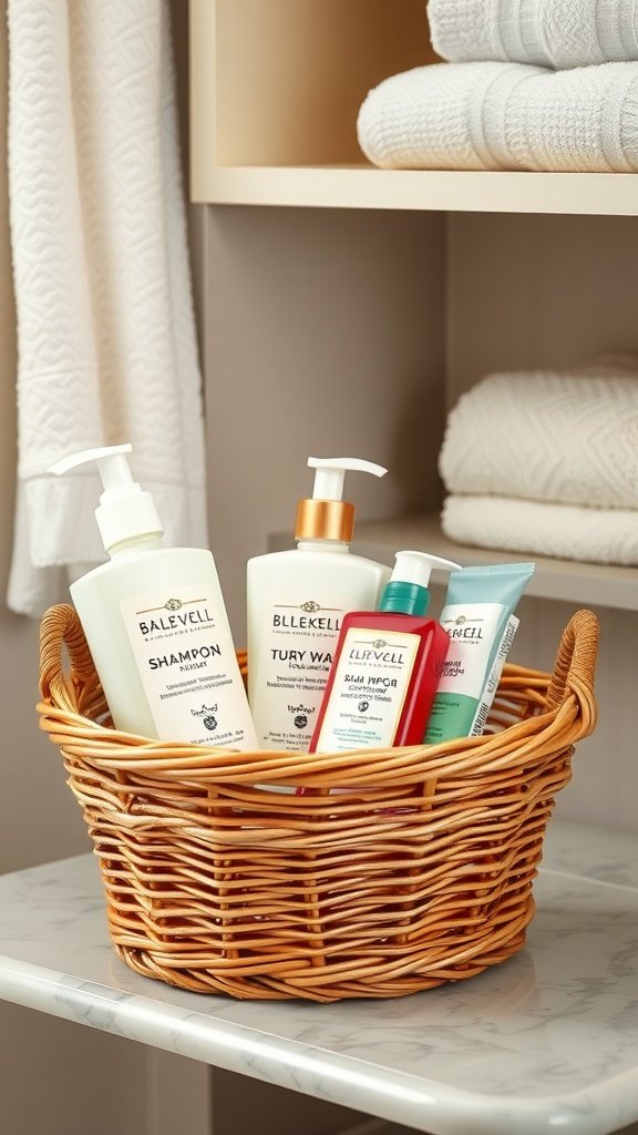 A wicker basket containing travel toiletries such as shampoo, body wash, and conditioner, placed on a counter beside neatly folded towels.