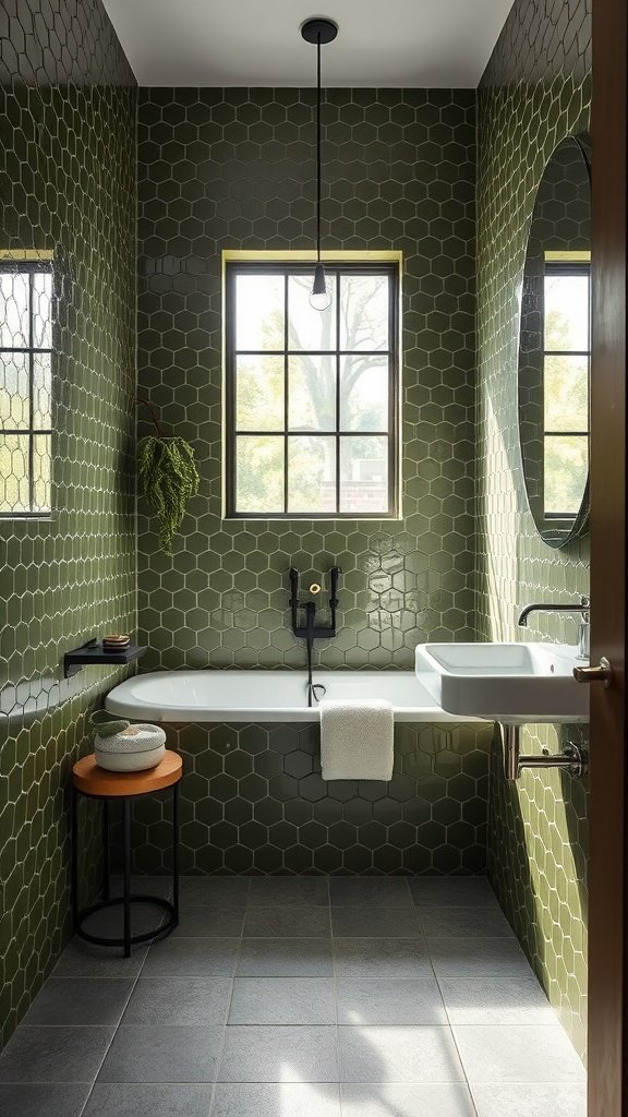 Bathroom featuring olive green hexagon tiles on the walls and a white sink and bathtub.