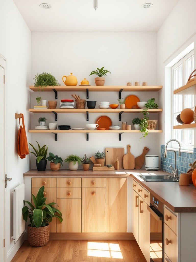 A small kitchen with open shelving displaying various dishes and plants.