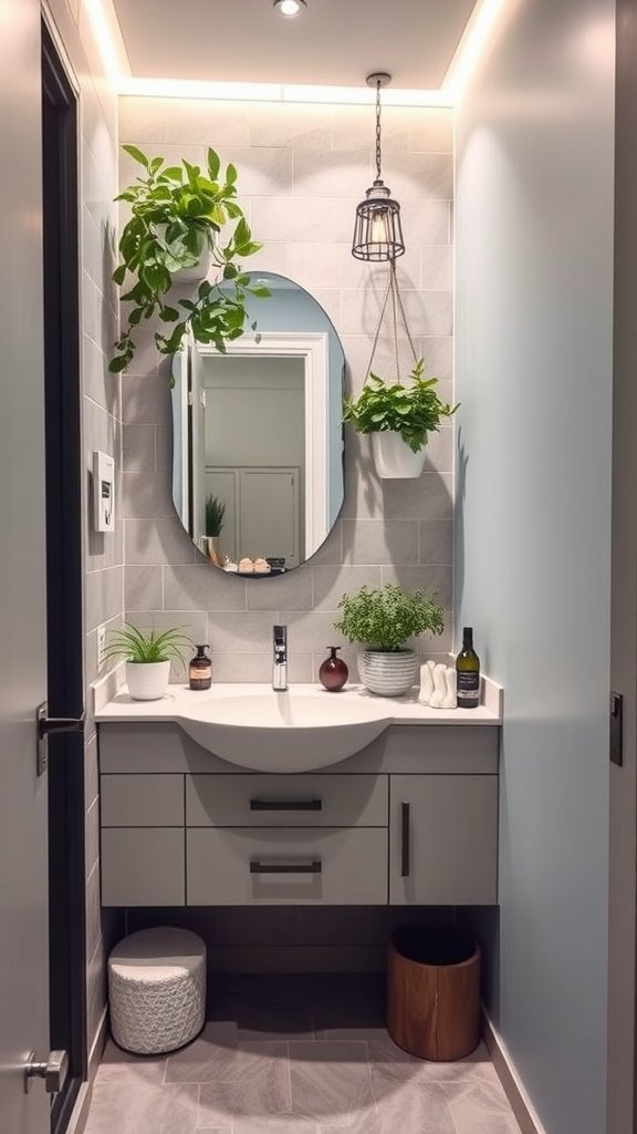 A stylish corner sink in a modern tiny bathroom with plants and warm lighting.