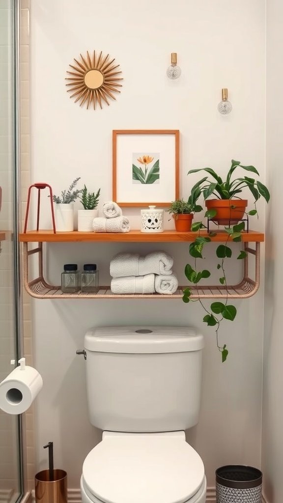 Chic over-the-toilet shelving displaying plants, towels, and decor above a toilet.