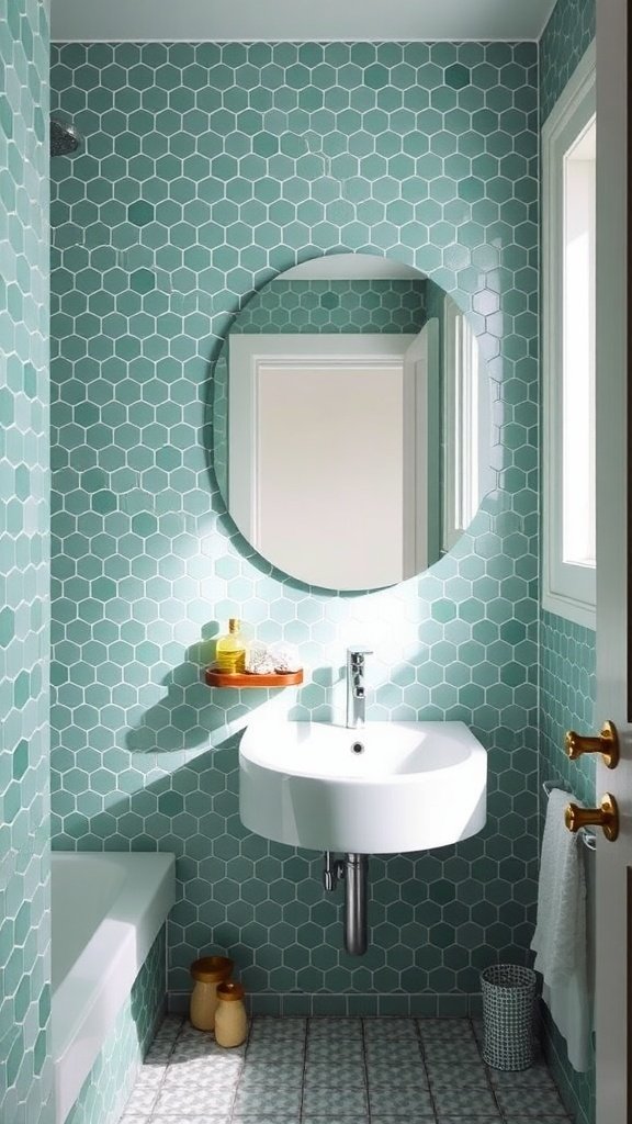 A bathroom featuring pistachio penny tiles on the walls and a white sink.