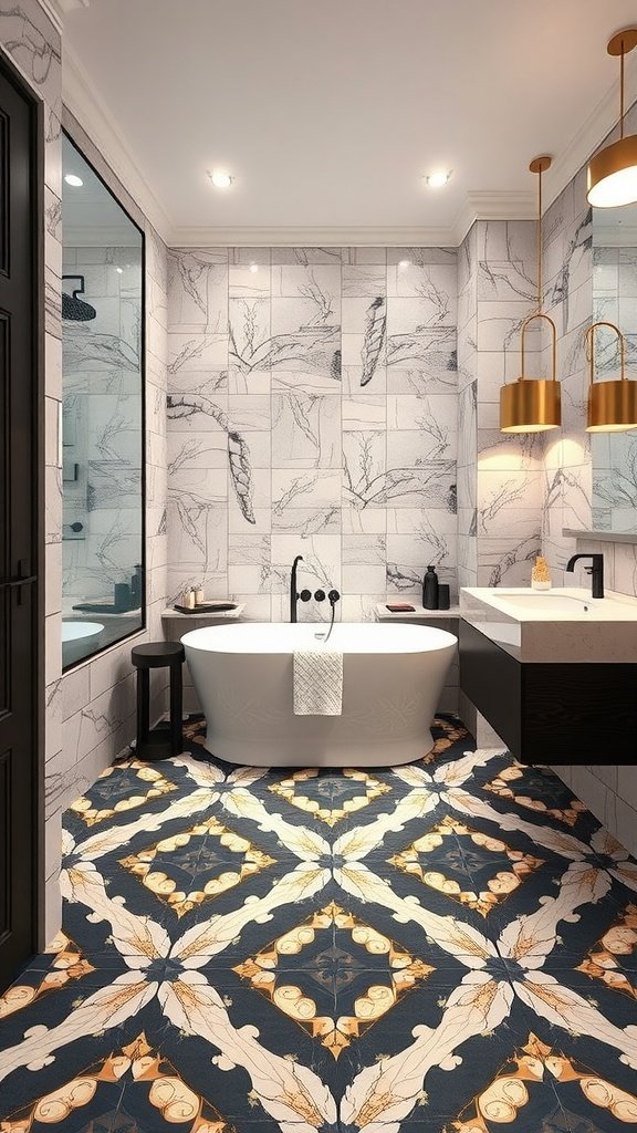 Stylish bathroom with dramatic tile patterns on the floor and walls.
