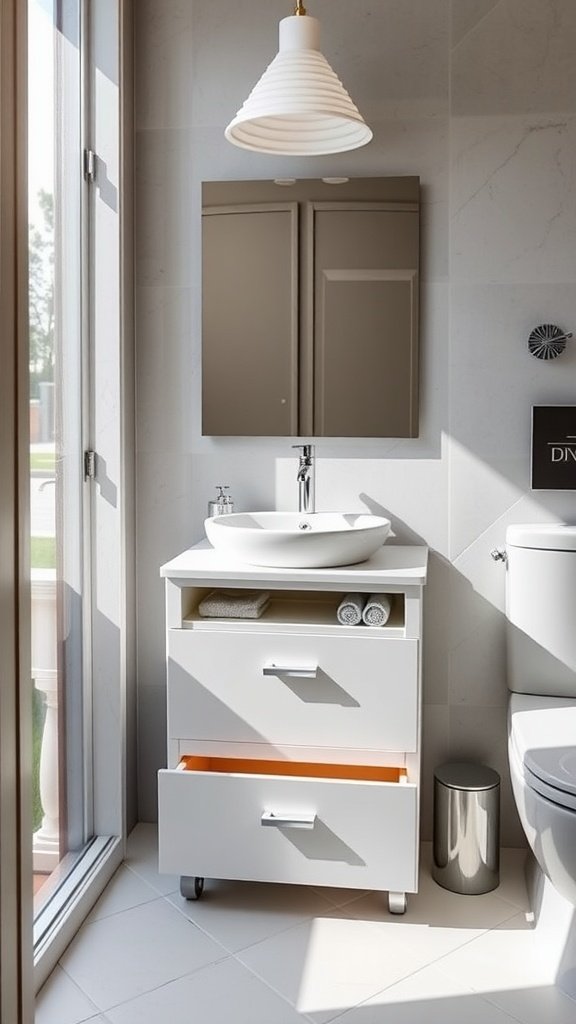 A compact bathroom featuring a pocket-sized vanity with hidden drawers, a mirror, and modern lighting.