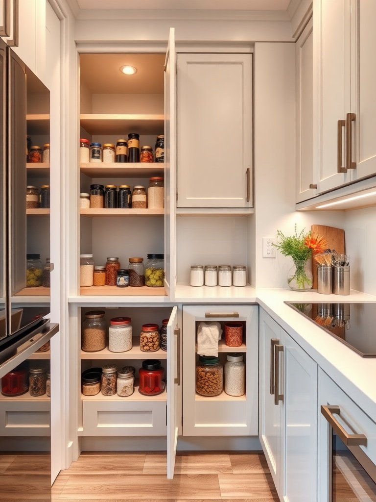 A modern pull-out pantry unit with jars and containers neatly organized inside.