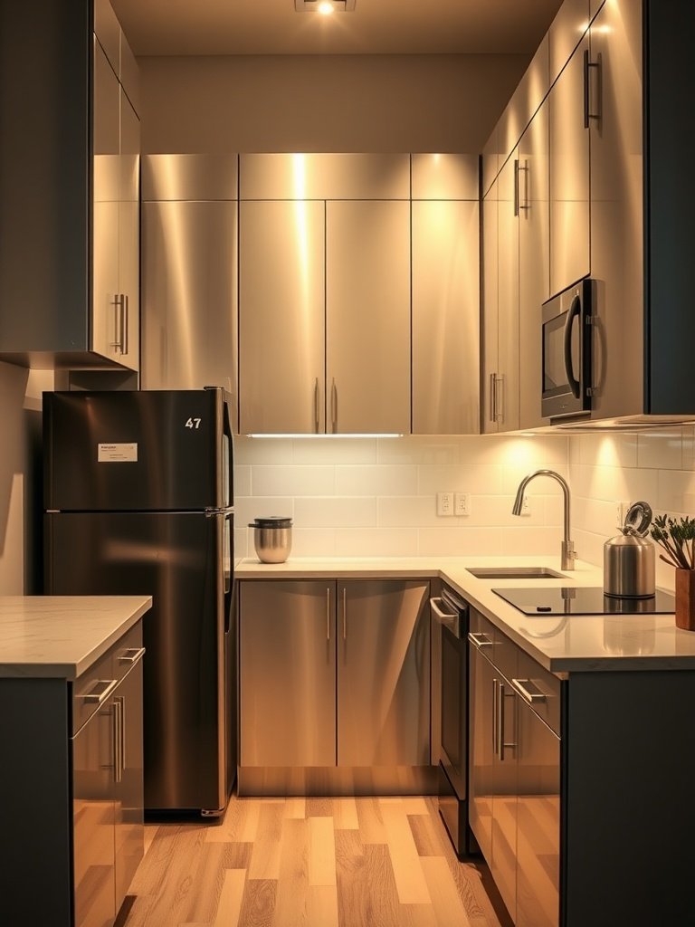 A small kitchen with stainless steel appliances and glossy cabinets