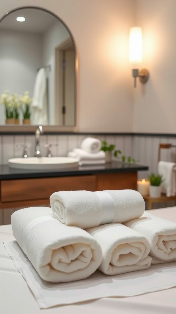 Neatly rolled white towels on a bathroom countertop.