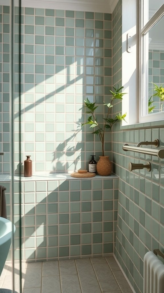 A bathroom featuring sage green zellige tiles, a round bathtub, and plants.