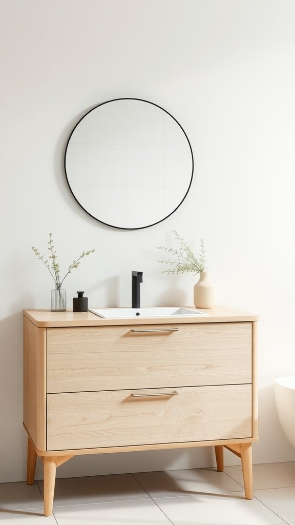 Scandinavian bathroom vanity in light wood with modern design.