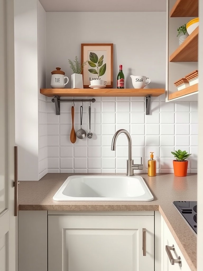A small kitchen featuring a single bowl sink with modern fixtures and decorative shelves.