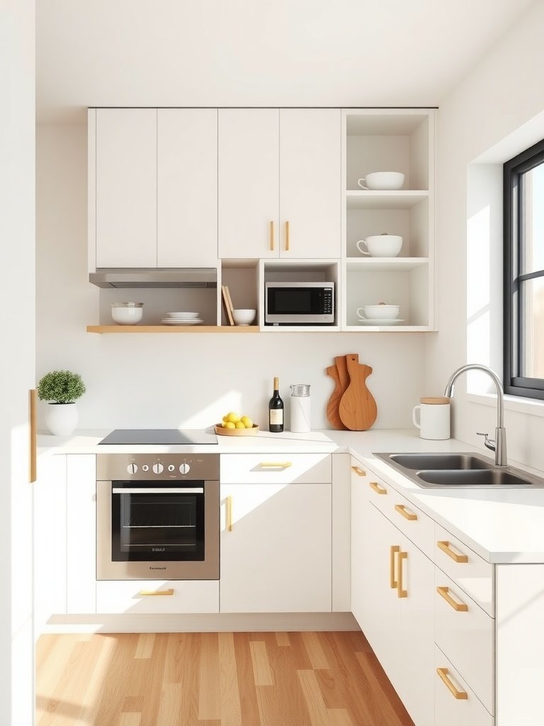 A bright, modern single wall kitchen with white cabinets and wooden accents.