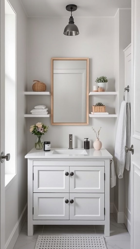 Stylish small bathroom vanity with smart storage options.