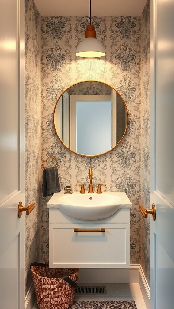 Stylish small powder room with floral wallpaper and round mirror