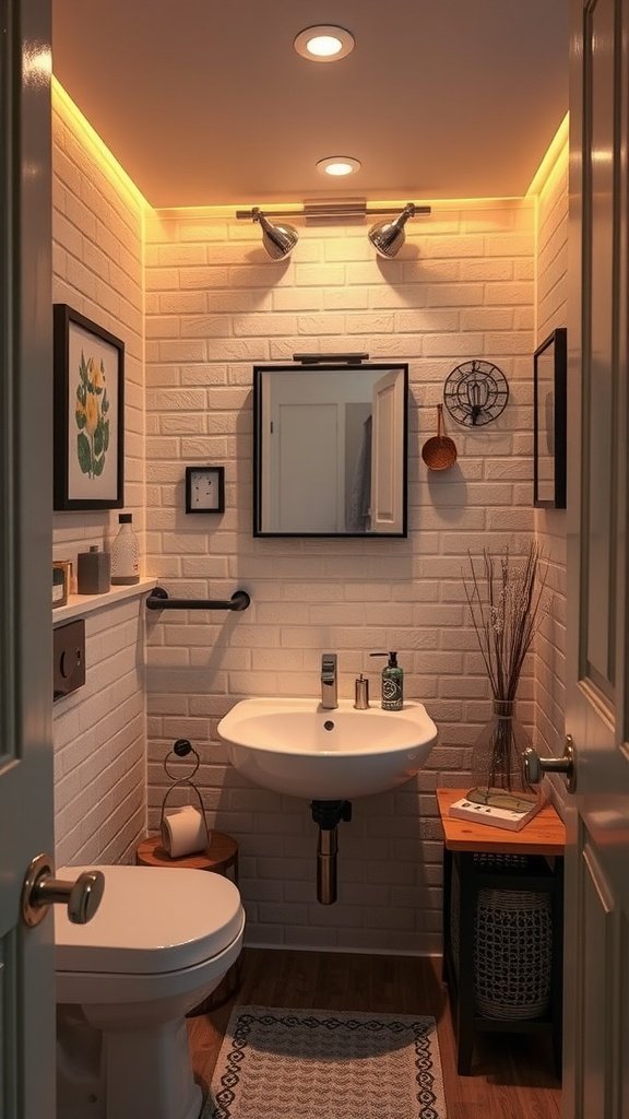Small bathroom with smart lighting placement, featuring warm LED strips and recessed ceiling lights.
