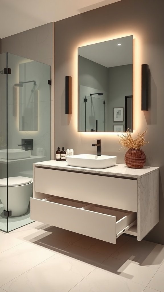 Modern bathroom with soft-close floating drawers and minimalist decor.