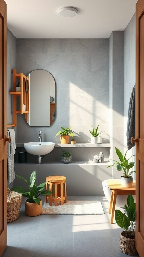 A modern bathroom featuring soft grey walls and natural wood accents, complemented by plants.