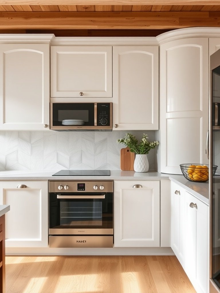 Modern kitchen with white cabinets and natural wood accents.