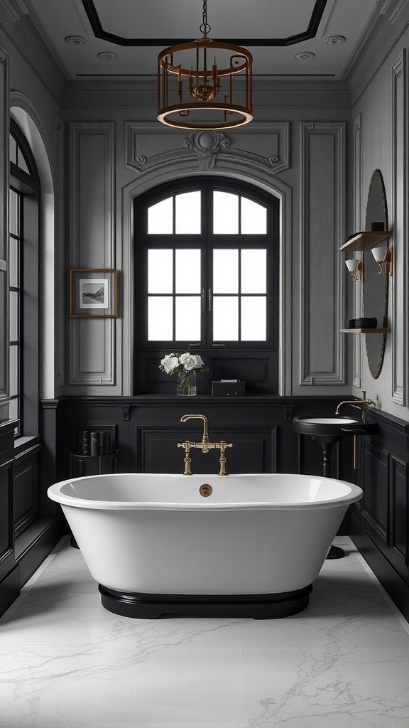 A sophisticated grey and black bathroom featuring a white bathtub and elegant decor.
