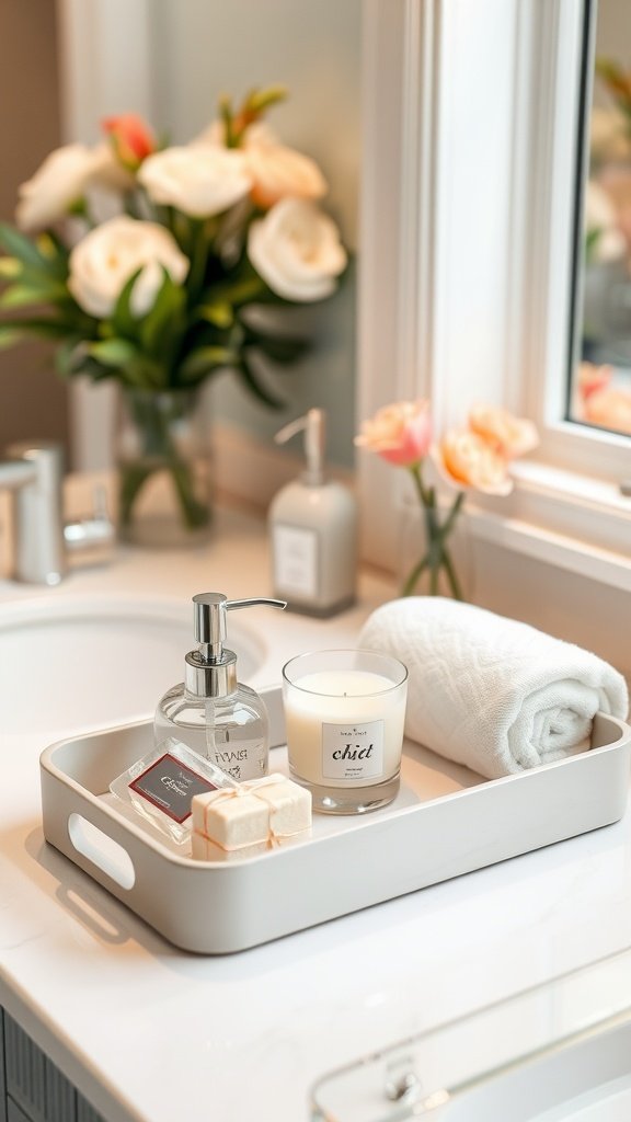 A stylish vanity tray with a candle, soap, and towels on a bathroom counter.