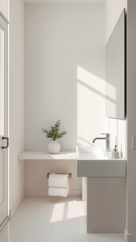 A minimalist bathroom featuring a sleek sink, a plant, and bright natural light.
