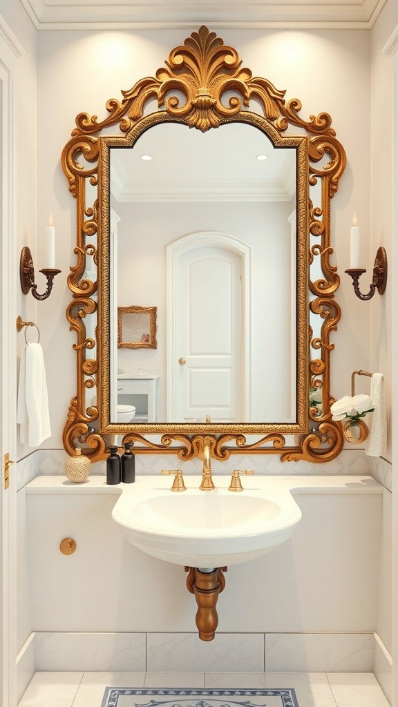 An ornate golden statement mirror above a sink in a guest bathroom.