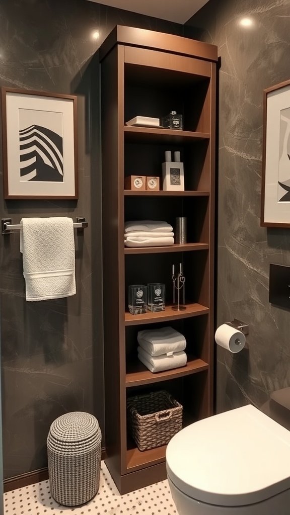 A tall vertical storage cabinet in a small bathroom with neatly arranged towels and decorative items