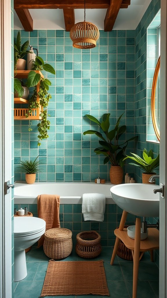 A teal-green tiled bathroom with plants, a bathtub, and natural decor.