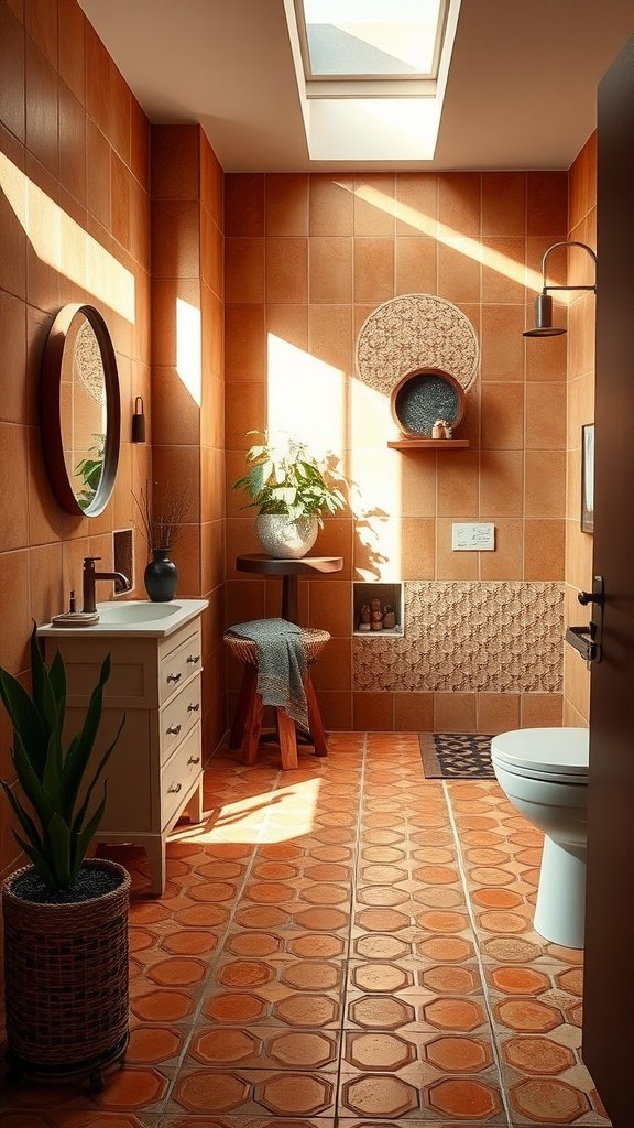 A bathroom featuring terracotta tiles, showcasing a warm and earthy design.