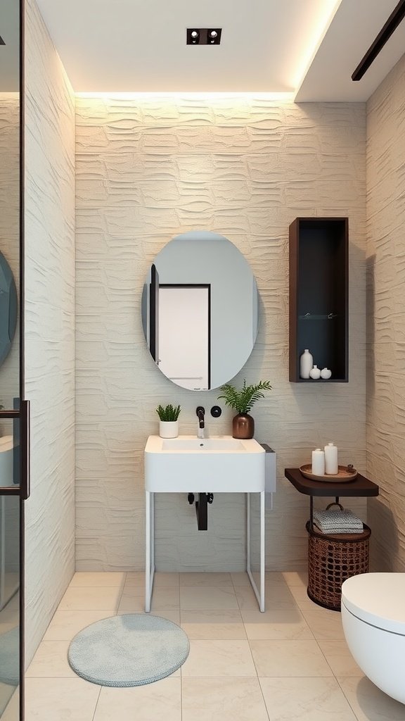 Modern bathroom with textured wall panels and minimalist decor.