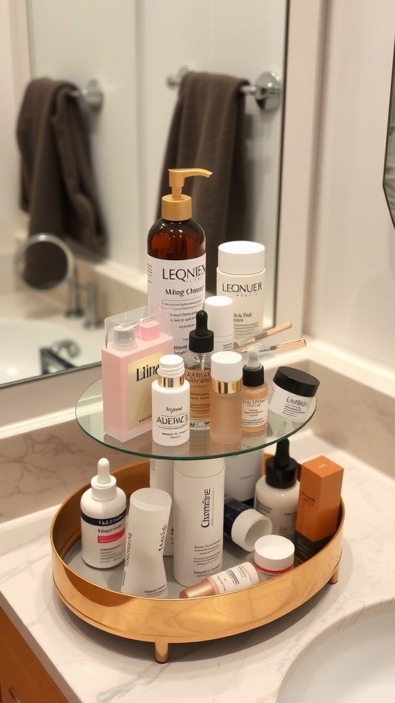 A stylish tiered tray holding various skincare products in a bathroom setting.