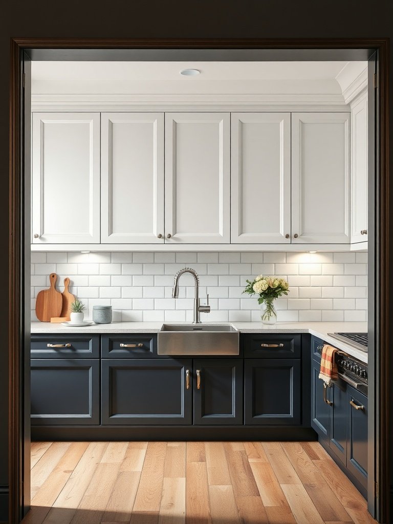 A kitchen featuring classic Shaker-style cabinets in white and navy blue.
