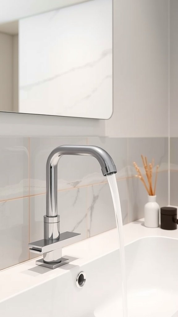 A touchless faucet installed in a modern bathroom, with water flowing from the spout.