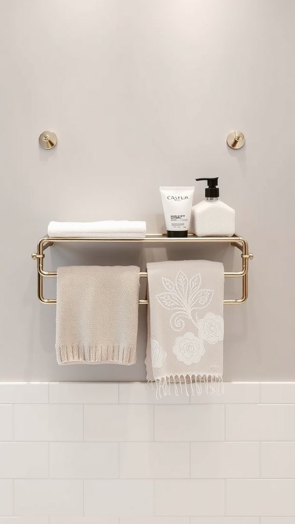 A stylish towel rack with two towels and toiletries on display.