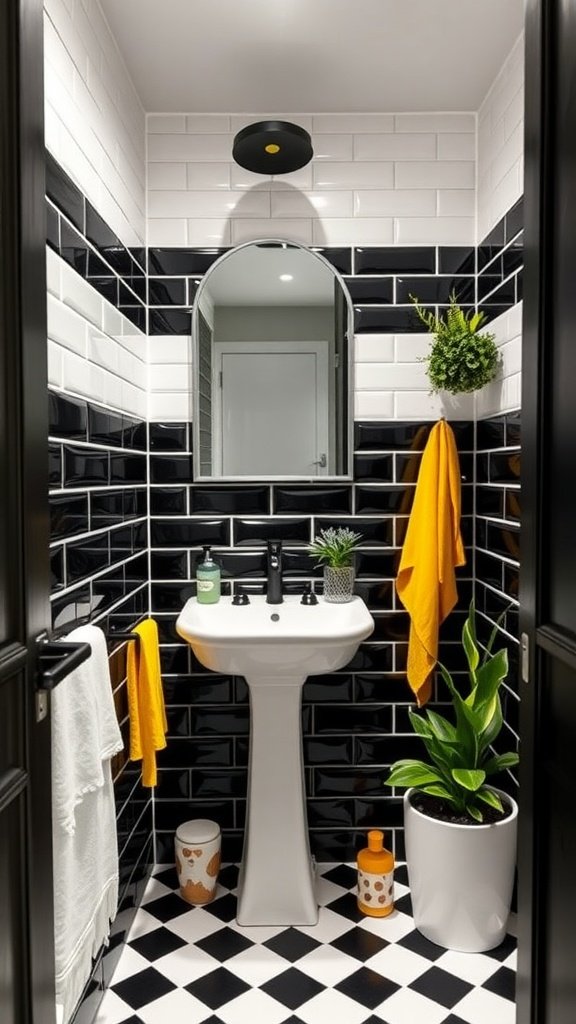 Chic half bathroom with black and white tiles and yellow accents.