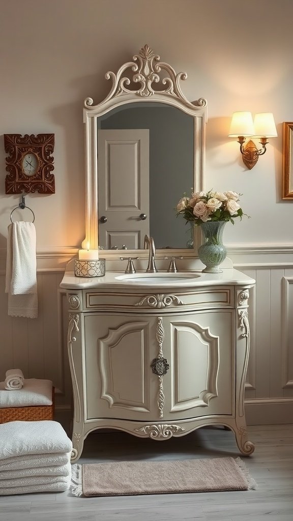 A vintage bathroom vanity with a decorative mirror and fresh flowers.