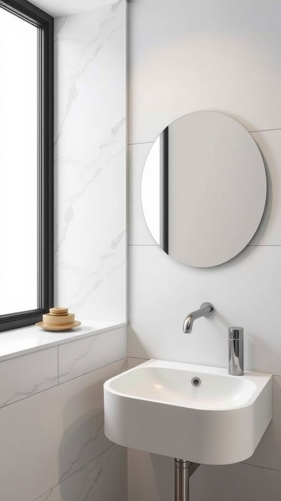 A modern half bathroom featuring a wall-mounted faucet and minimalist design.