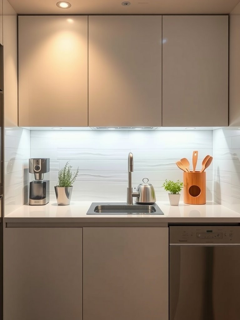A small kitchen with modern under-cabinet lighting illuminating the countertop.