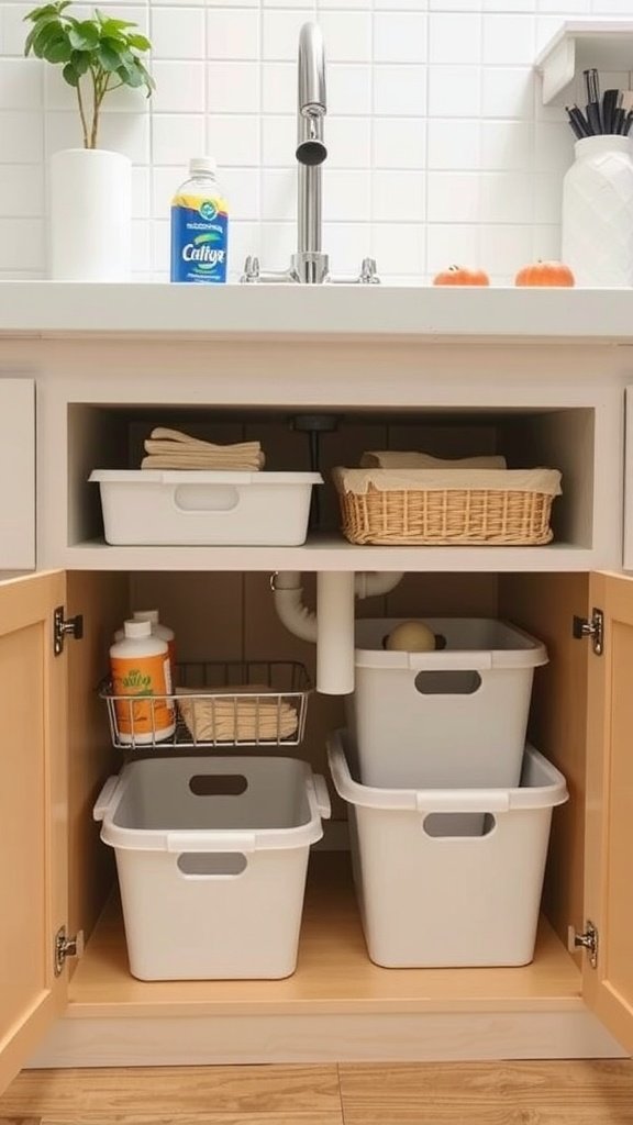 Under-sink storage with baskets and bins for organizing bathroom supplies.
