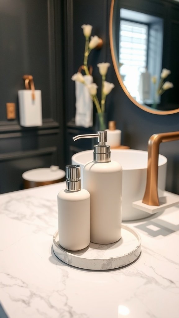 Chic soap dispenser set on a marble countertop in a stylish bathroom.