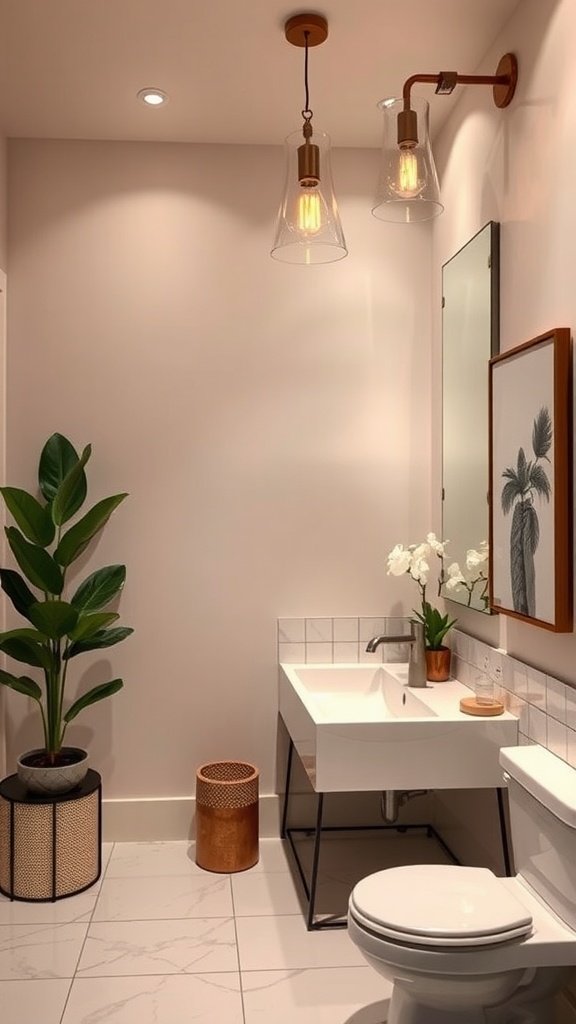 Modern bathroom with stylish lighting fixtures and plants.