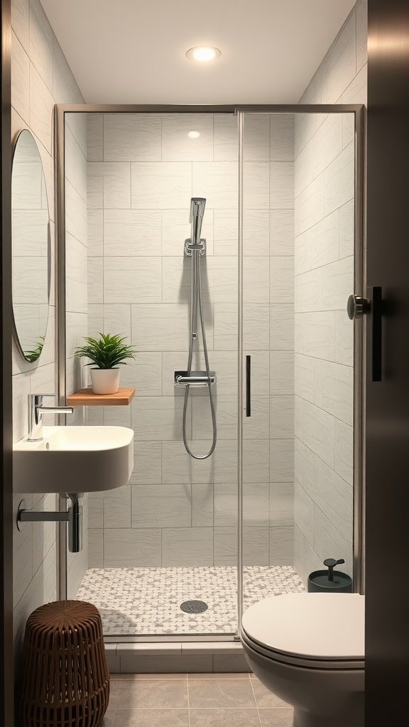 A modern tiny bathroom featuring a glass shower partition, sink, and decorative plant.
