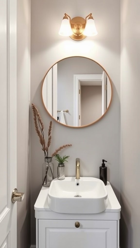 A chic half bathroom featuring a round mirror, stylish lighting, and minimalist decor.