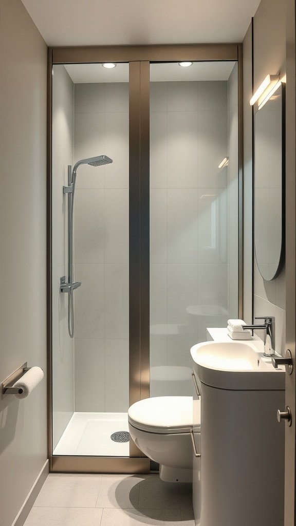 Modern small bathroom with a sliding door, showcasing a sleek design and a spacious feel.
