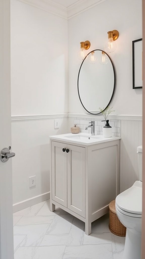 A chic half bathroom featuring a slim vanity, round mirror, and stylish lighting.