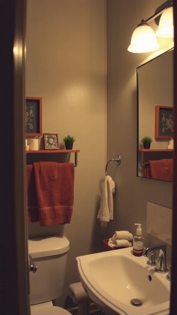 A well-decorated guest bathroom with a soft nightlight.