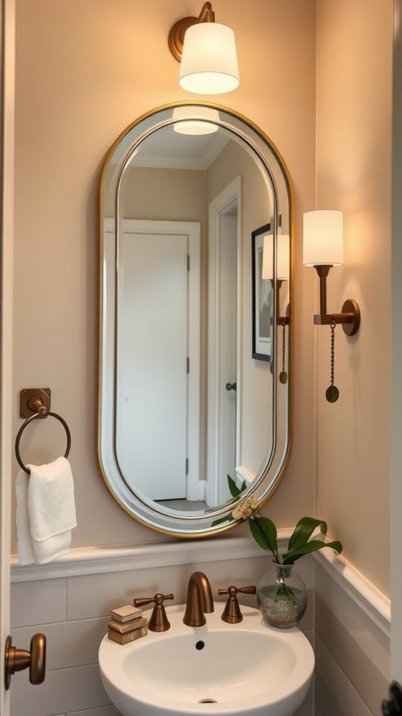 A stylish bathroom featuring an oval mirror framed in gold, with modern fixtures and a clean, elegant design.
